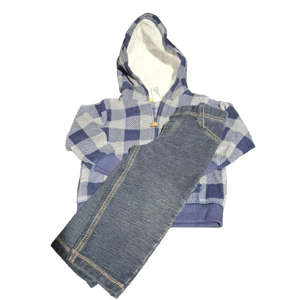 Carter's Boys 18 Months Blue Grey Plaid Hooded Jacket & Pants 2 Piece Outfit